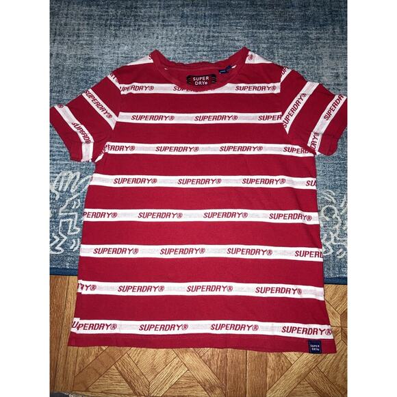 Superdry Red White Striped Logo Tee Women’s T Shirt Size 4 Small - Picture 1 of 6